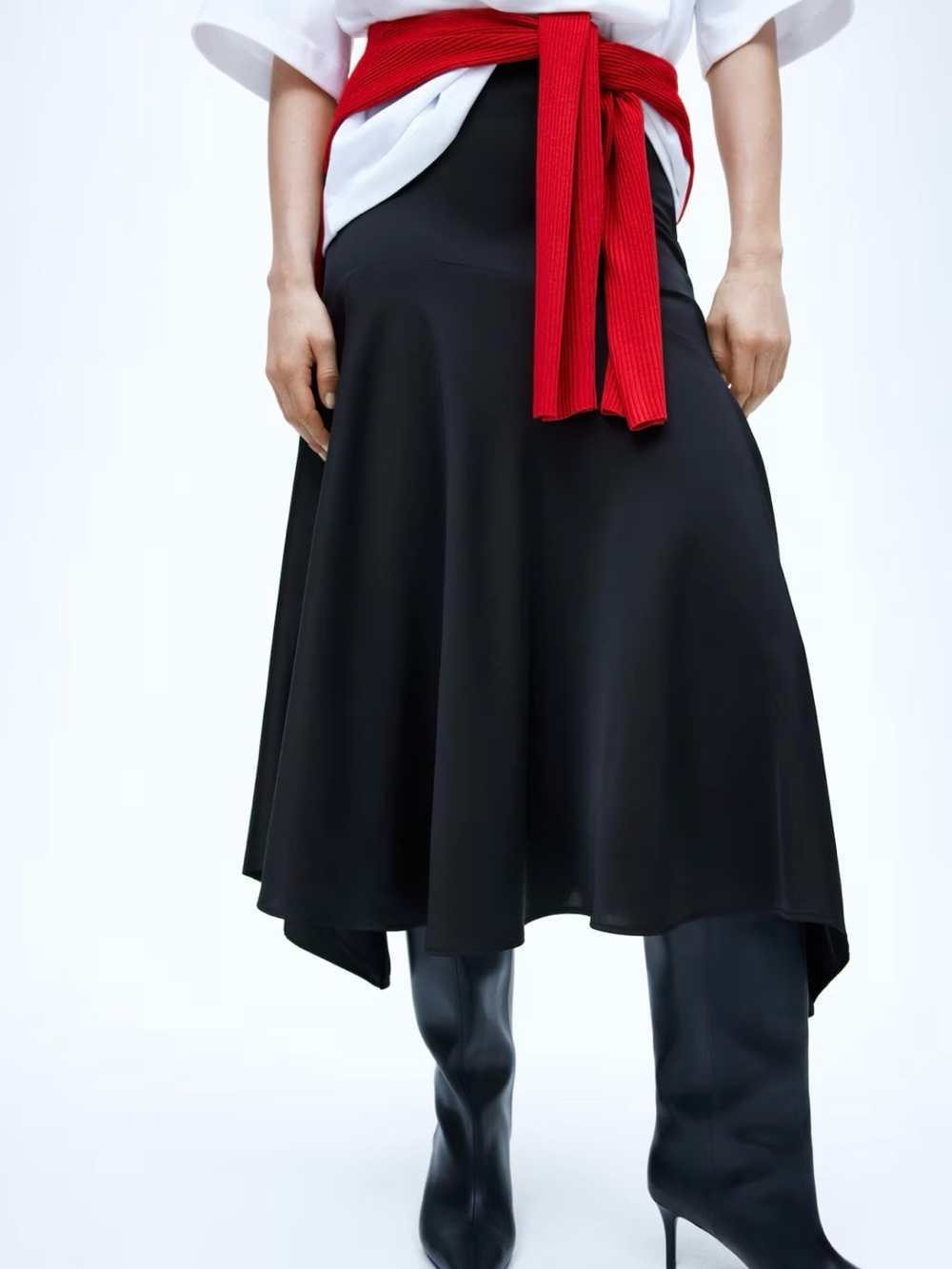 H&M Black Asymmetrical Midi Skirt with Fluid Hem